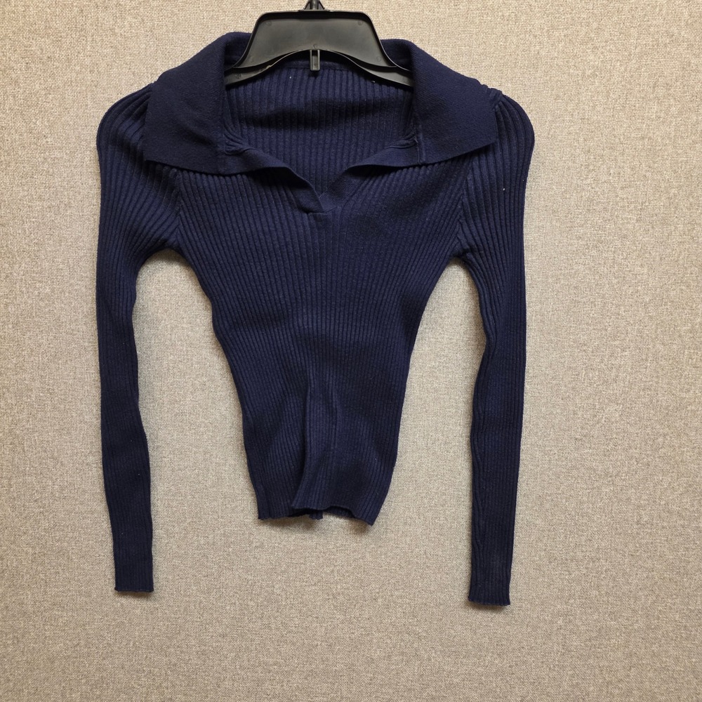 Preppy Navy Blue Ribbed Knit Long Sleeve Polo Collar V-Neck Top Size Large